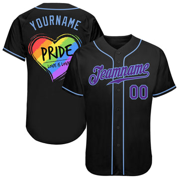 Custom Black Purple-Light Blue Rainbow Colored Heart For Pride Love Is Love LGBT Authentic Baseball Jersey