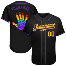 Laden Sie das Bild in den Galerie-Viewer, Custom Black Gold-Purple Rainbow Colored Hand For Pride LGBT Authentic Baseball Jersey

