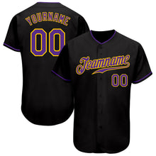 Load image into Gallery viewer, Custom Black Purple-Gold Authentic Baseball Jersey

