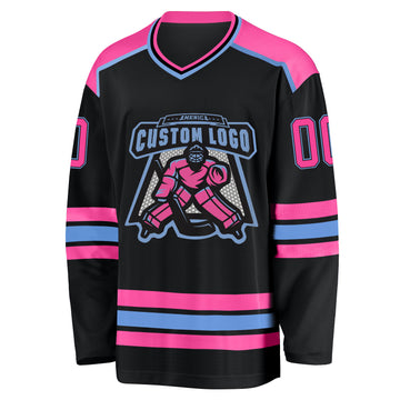 Custom Black Pink-Light Blue Hockey Jersey