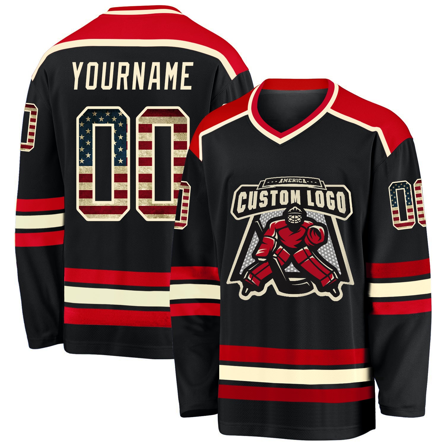 Custom Hockey Jerseys with a Blackhawk Logo and Shoulder Patches