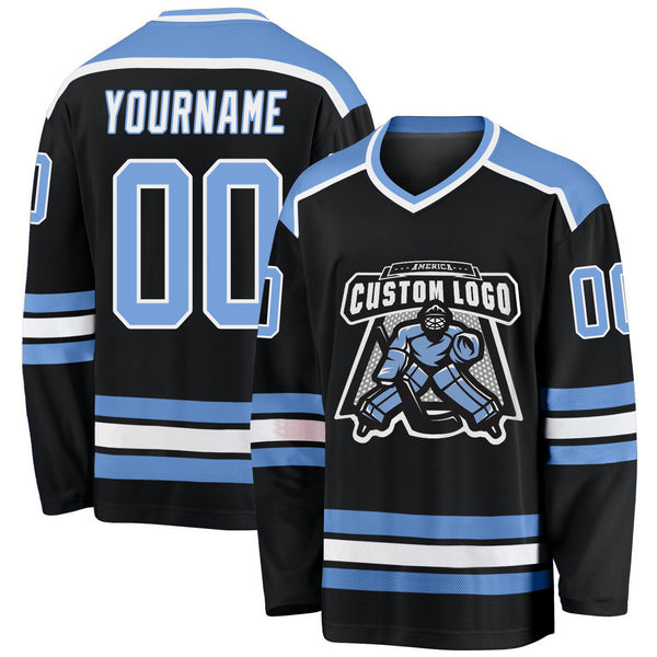 Custom Black Black-Light Blue Hockey Jersey Discount