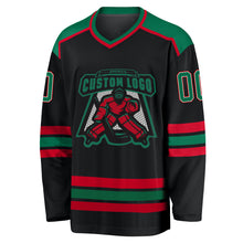 Laden Sie das Bild in den Galerie-Viewer, Custom Black Kelly Green White-Red Hockey Jersey
