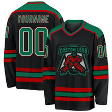 Laden Sie das Bild in den Galerie-Viewer, Custom Black Kelly Green White-Red Hockey Jersey
