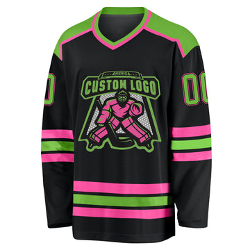 Custom Black Neon Green-Pink Hockey Jersey