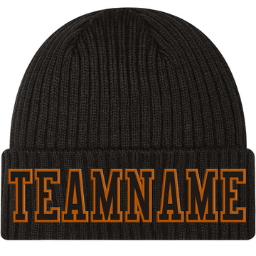 Custom Black Black-Texas Orange Stitched Cuffed Knit Hat