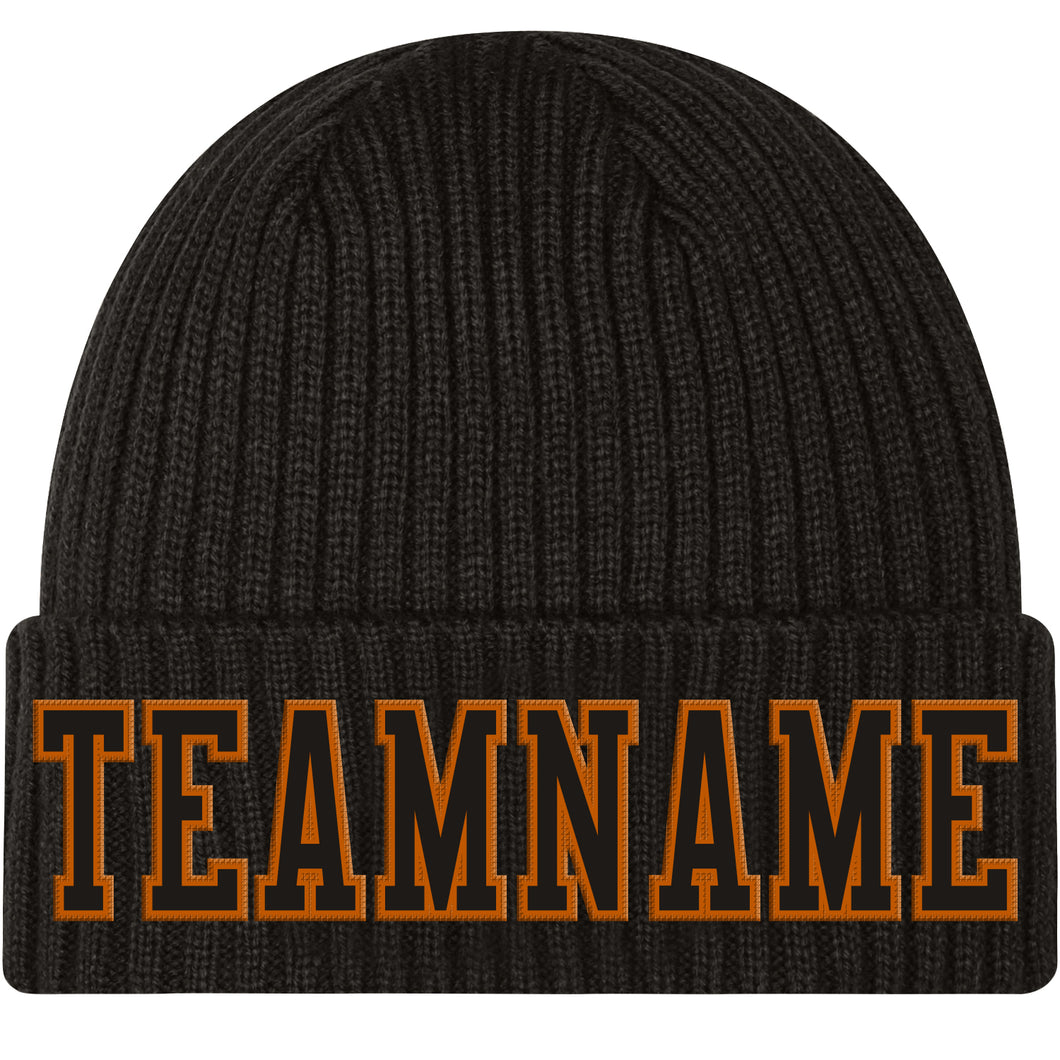 Custom Black Black-Texas Orange Stitched Cuffed Knit Hat