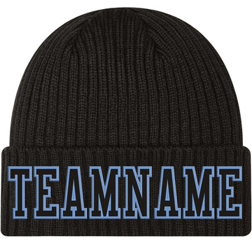 Custom Black Black-Light Blue Stitched Cuffed Knit Hat