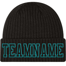 Load image into Gallery viewer, Custom Black Black-Aqua Stitched Cuffed Knit Hat
