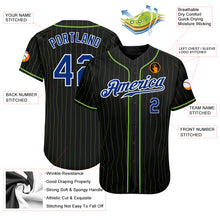 Load image into Gallery viewer, Custom Black Neon Green Pinstripe Royal-White Authentic Baseball Jersey
