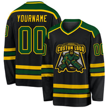 Load image into Gallery viewer, Custom Black Green-Gold Hockey Jersey
