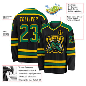 Custom Black Kelly Green-Gold Hockey Jersey