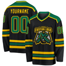 Загрузить изображение в средство просмотра галереи, Custom Black Kelly Green-Gold Hockey Jersey
