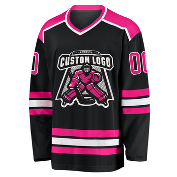 Custom Black Hot Pink-White Hockey Jersey