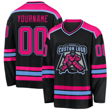 Load image into Gallery viewer, Custom Black Hot Pink-Light Blue Hockey Jersey
