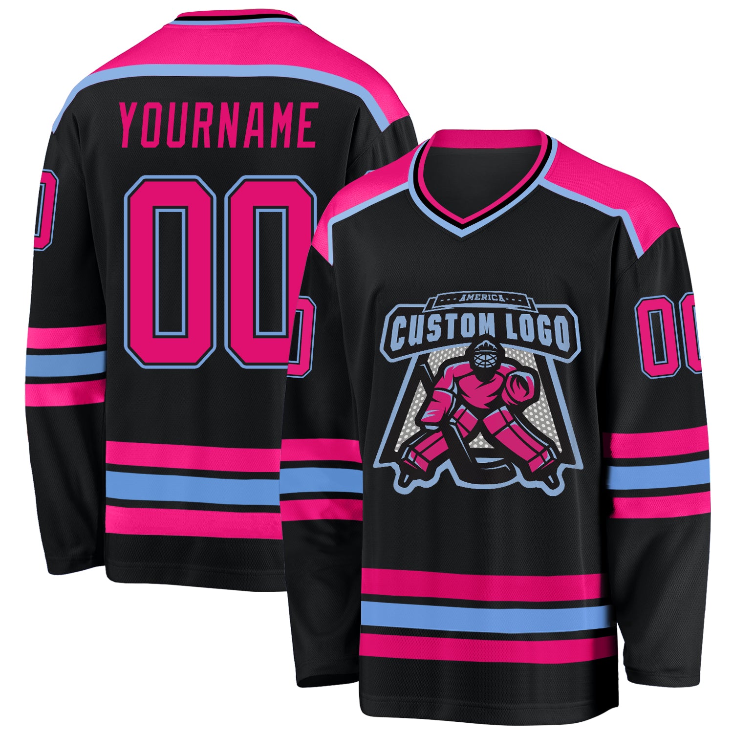 Custom Hockey Jersey Black Pink-Sky Blue Hockey Lace Neck Jersey Men's Size:3XL