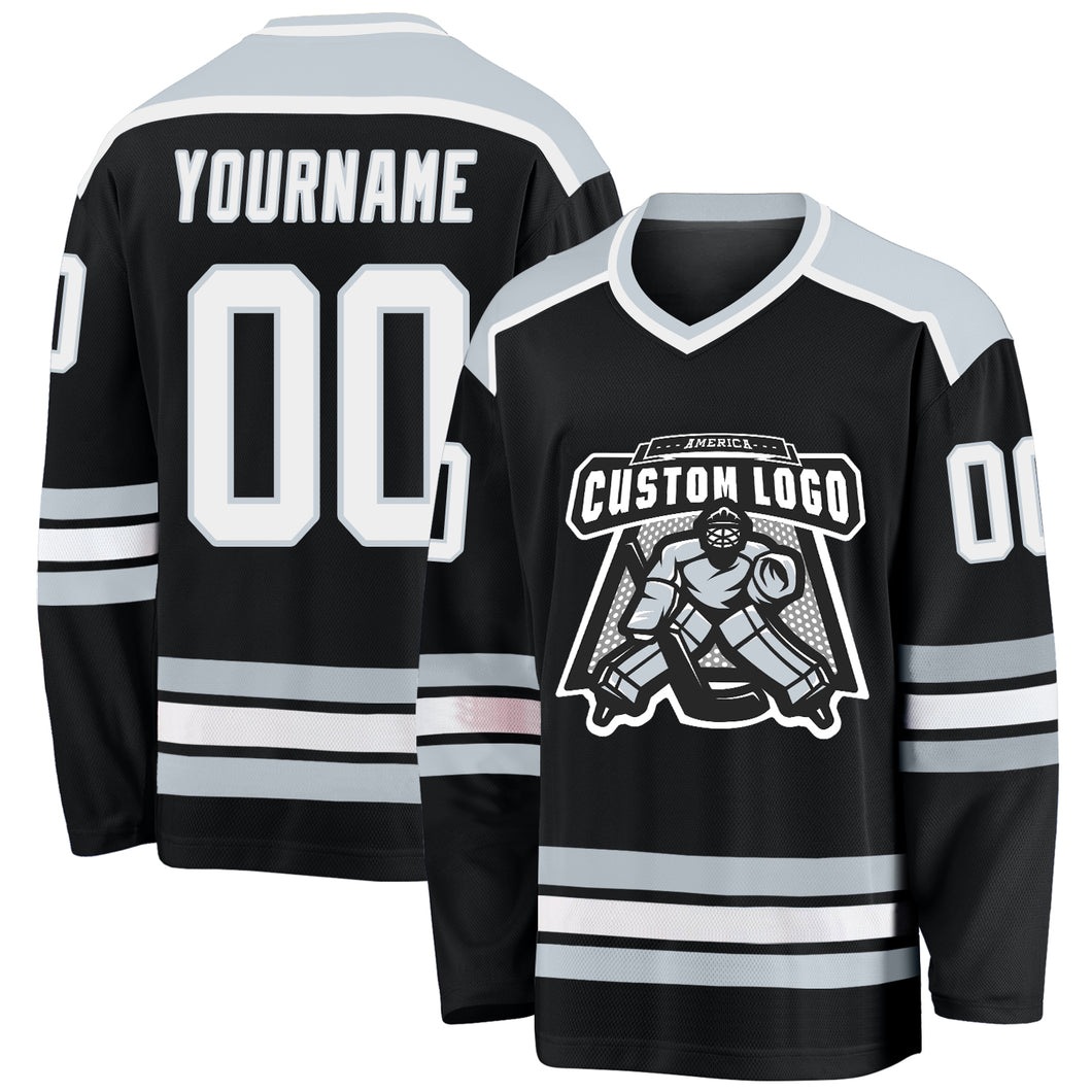 Custom Black White-Silver Hockey Jersey