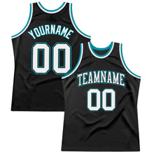 Load image into Gallery viewer, Custom Black White-Teal Authentic Throwback Basketball Jersey
