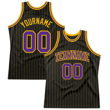 Load image into Gallery viewer, Custom Black Gold Pinstripe Purple-Gold Authentic Basketball Jersey
