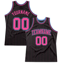 Laden Sie das Bild in den Galerie-Viewer, Custom Black Pink Pinstripe Pink-Light Blue Authentic Basketball Jersey
