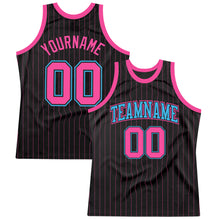 Load image into Gallery viewer, Custom Black Pink Pinstripe Pink-Sky Blue Authentic Basketball Jersey
