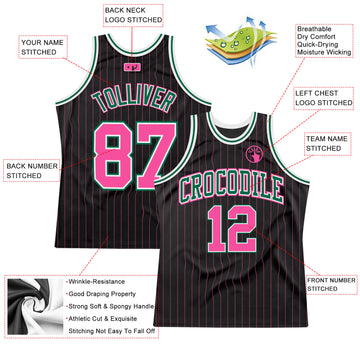 Custom Black Pink Pinstripe Pink-Kelly Green Authentic Basketball Jersey