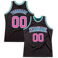 Laden Sie das Bild in den Galerie-Viewer, Custom Black Pink Pinstripe Pink-Teal Authentic Basketball Jersey

