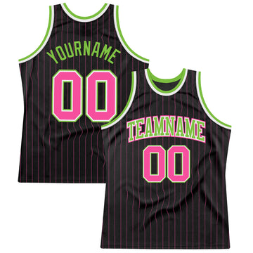 Custom Black Pink Pinstripe Pink-Neon Green Authentic Basketball Jersey