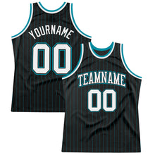 Laden Sie das Bild in den Galerie-Viewer, Custom Black Teal Pinstripe White Black-Teal Authentic Basketball Jersey
