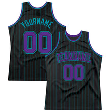 Laden Sie das Bild in den Galerie-Viewer, Custom Black Teal Pinstripe Purple-Teal Authentic Basketball Jersey
