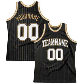Custom Black Old Gold Pinstripe White-Old Gold Authentic Basketball Jersey