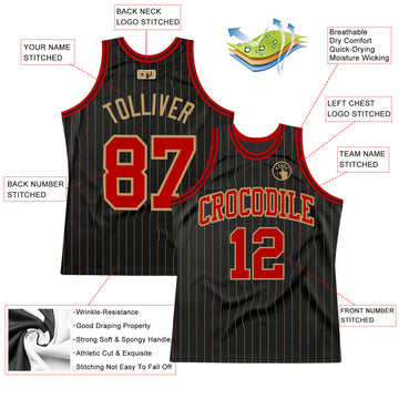 Custom Black Old Gold Pinstripe Red-Old Gold Authentic Basketball Jersey