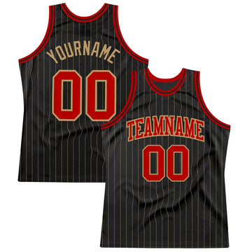 Custom Black Old Gold Pinstripe Red-Old Gold Authentic Basketball Jersey