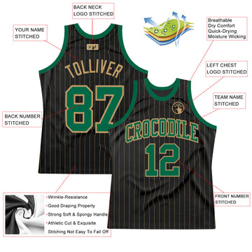 Custom Black Old Gold Pinstripe Kelly Green-Old Gold Authentic Basketball Jersey