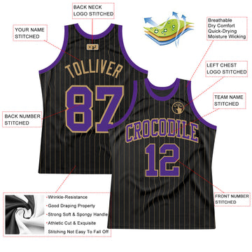 Custom Black Old Gold Pinstripe Purple-Old Gold Authentic Basketball Jersey