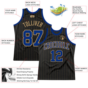 Custom Black Old Gold Pinstripe Royal-Old Gold Authentic Basketball Jersey