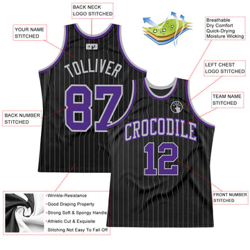 Custom Black Gray Pinstripe Purple-Gray Authentic Basketball Jersey