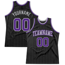 Laden Sie das Bild in den Galerie-Viewer, Custom Black Gray Pinstripe Purple-Gray Authentic Basketball Jersey
