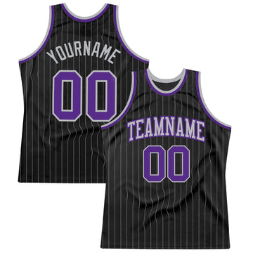 Custom Black Gray Pinstripe Purple-Gray Authentic Basketball Jersey
