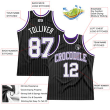 Load image into Gallery viewer, Custom Black Gray Pinstripe White-Purple Authentic Basketball Jersey

