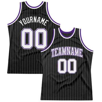 Custom Black Gray Pinstripe White-Purple Authentic Basketball Jersey