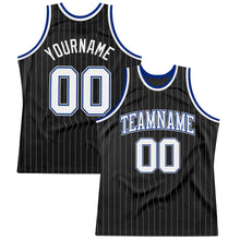 Load image into Gallery viewer, Custom Black Gray Pinstripe White-Royal Authentic Basketball Jersey
