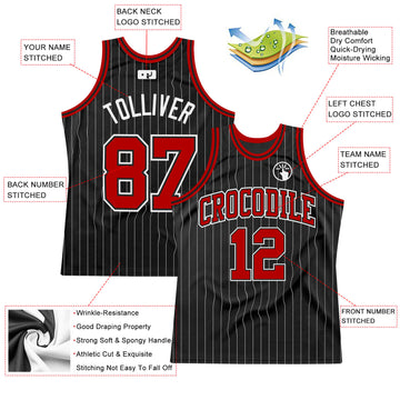 Custom Black White Pinstripe Red-White Authentic Basketball Jersey