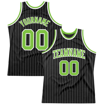 Custom Black White Pinstripe Neon Green-White Authentic Basketball Jersey