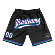 Load image into Gallery viewer, Custom Black White Purple-Teal Authentic Throwback Basketball Shorts
