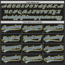 Load image into Gallery viewer, Custom Black Yellow Pinstripe Light Blue Authentic Baseball Jersey
