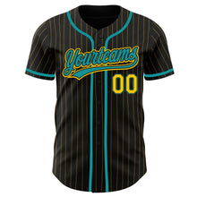 Load image into Gallery viewer, Custom Black Yellow Pinstripe Teal Authentic Baseball Jersey
