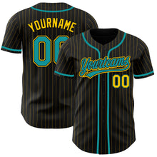 Load image into Gallery viewer, Custom Black Yellow Pinstripe Teal Authentic Baseball Jersey
