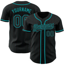 Laden Sie das Bild in den Galerie-Viewer, Custom Black Teal Pinstripe Black Authentic Baseball Jersey
