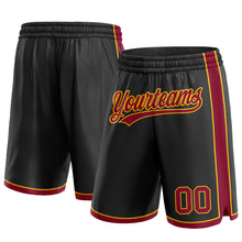 Laden Sie das Bild in den Galerie-Viewer, Custom Black Maroon-Yellow Authentic Basketball Shorts
